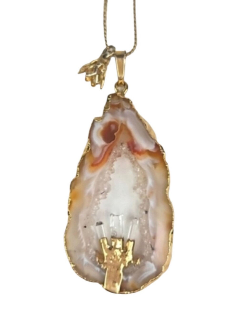 80s Antique Natural Gold Oco Agage Druzy Quartz Geode Slice Necklace Earthy Boho